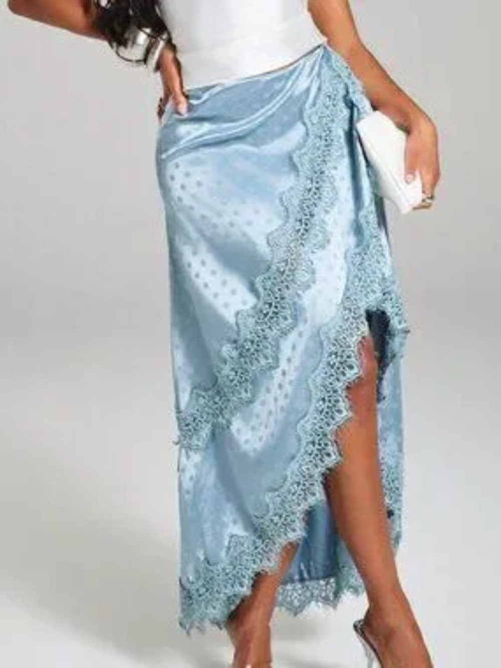 ZARA Blue Elegant Women's Maxi Length Lace Trim Polka Dot Sexy Skirt